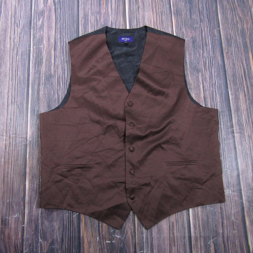 Suit Vest RETRO PARIS Mens XL Brown Solid Polyester 3 Piece Belted Formal